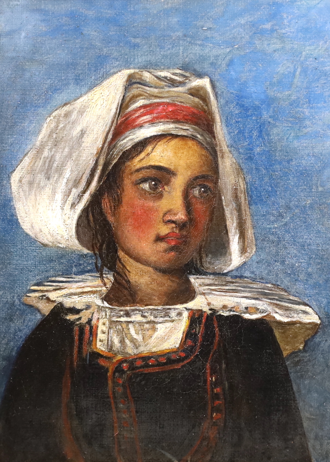 Middle Eastern School, oil on canvas, Portrait of a young girl wearing traditional dress, c.1900, 19 x 14cm, ornate gilt framed